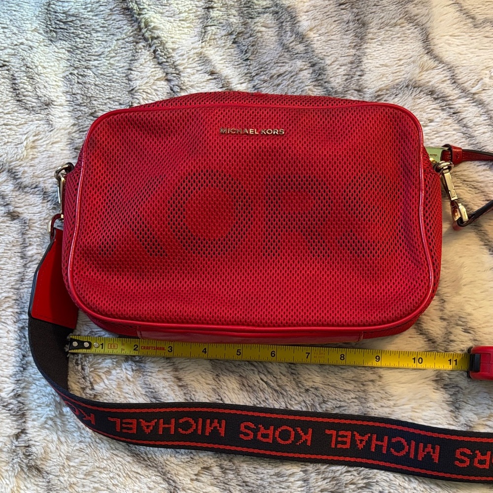 Michael Kors Red Mesh Camera Crossbody with Branded Strap